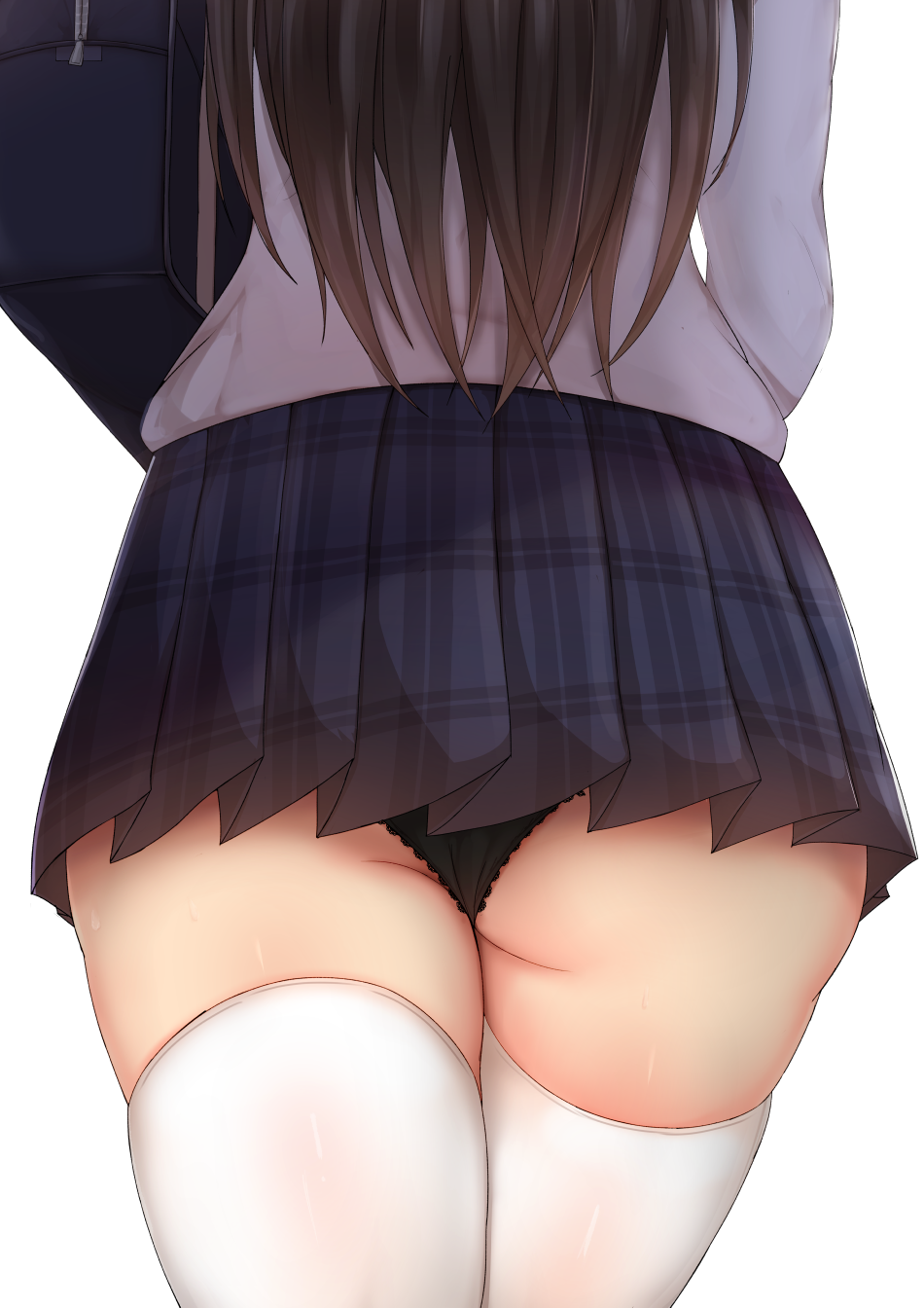 1girl ass bag black_panties blue_skirt brown_hair chiyo_(pk19981234) from_behind highres lace lace-trimmed_panties long_hair original panties plaid plaid_skirt pleated_skirt school_bag school_uniform simple_background skirt solo sweater thigh-highs thighs underwear walking white_background white_legwear white_sweater zettai_ryouiki