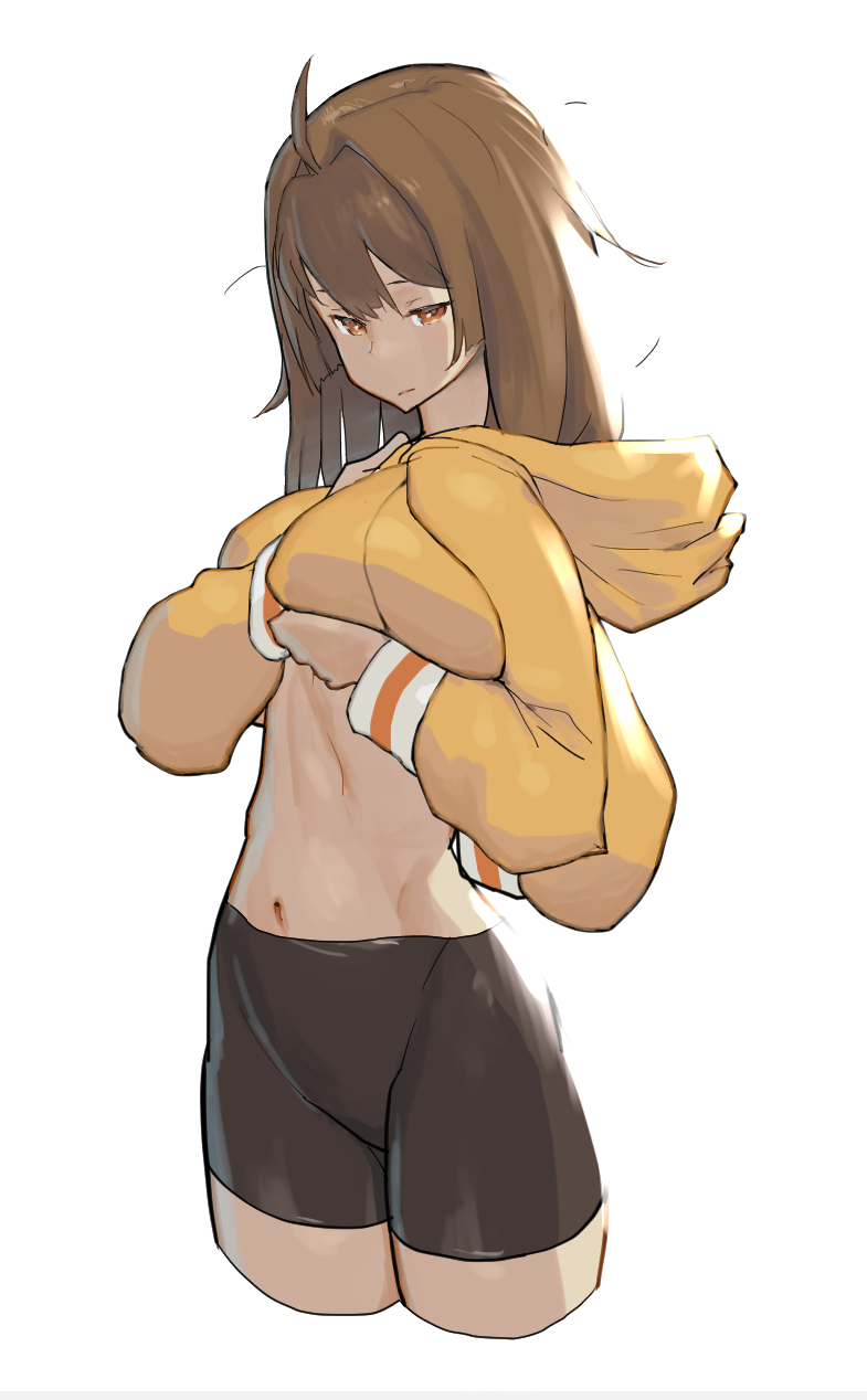 1girl ahoge bike_shorts breast_conscious breast_lift brown_hair commentary_request guilty_gear guilty_gear_2020 hair_intakes highres hood hood_down hoodie lifted_by_self may_(guilty_gear) medium_hair navel orange_eyes orange_hoodie solo zaki_(narashigeo)