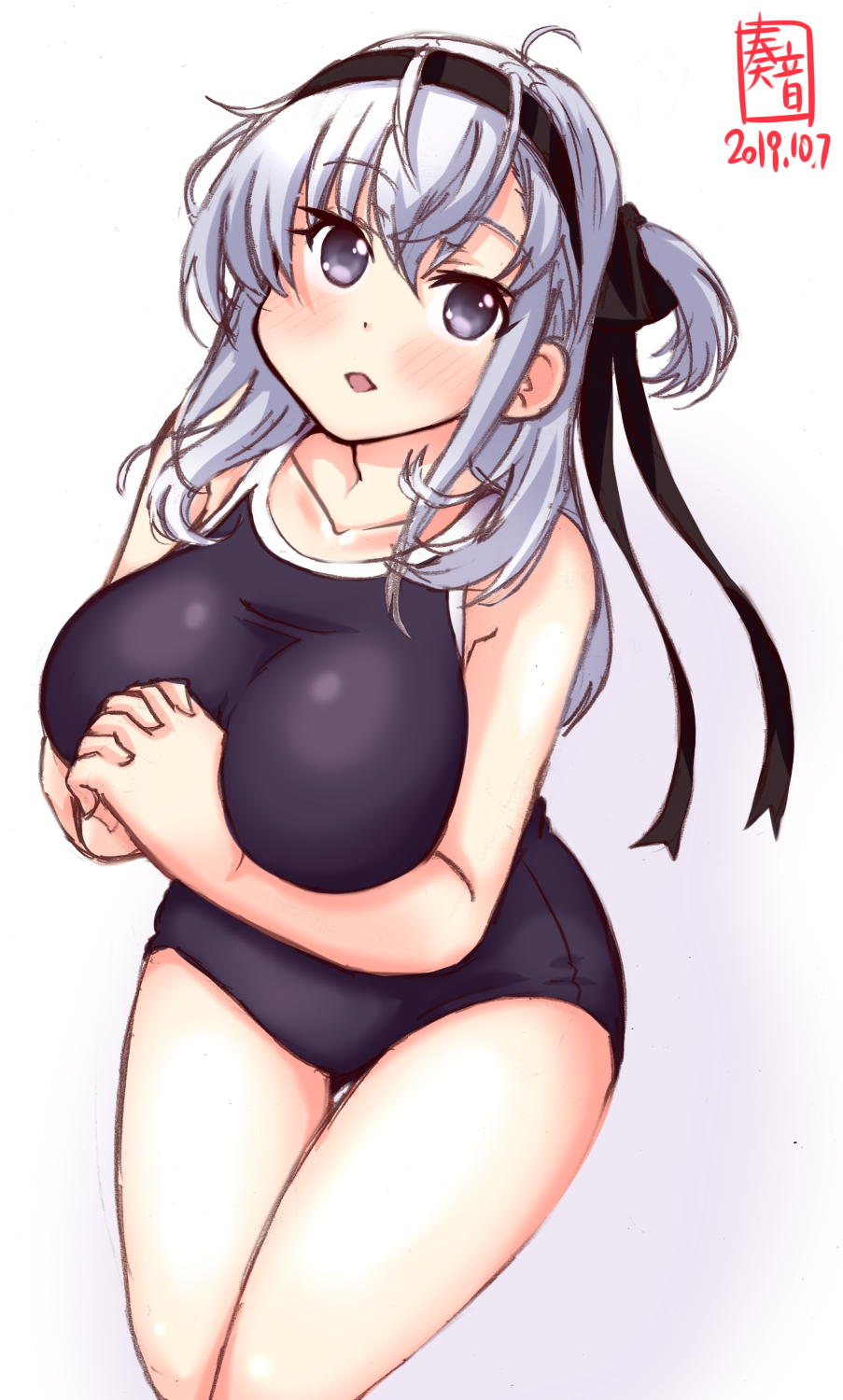 1girl alternate_costume artist_logo black_hairband black_swimsuit breasts collarbone commentary_request competition_school_swimsuit cowboy_shot dated hair_ribbon hairband hands_clasped highres kanon_(kurogane_knights) kantai_collection large_breasts leaning_forward long_hair one_side_up own_hands_together parted_lips ribbon school_swimsuit silver_hair simple_background solo standing suzutsuki_(kantai_collection) swimsuit white_background