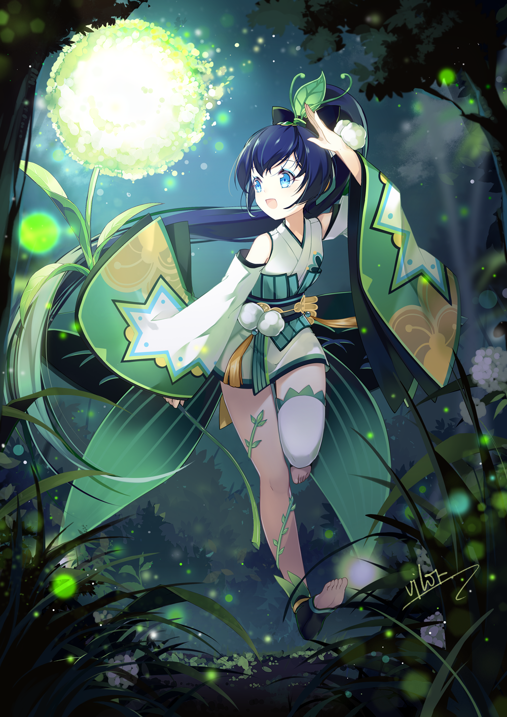 1girl artist_name black_hair blue_eyes bow breasts detached_sleeves flower grass hair_bow hand_up highres japanese_clothes long_hair night onmyoji open_mouth outdoors ponytail running sash small_breasts smile solo tree vilor white_legwear wide_sleeves ying_grass