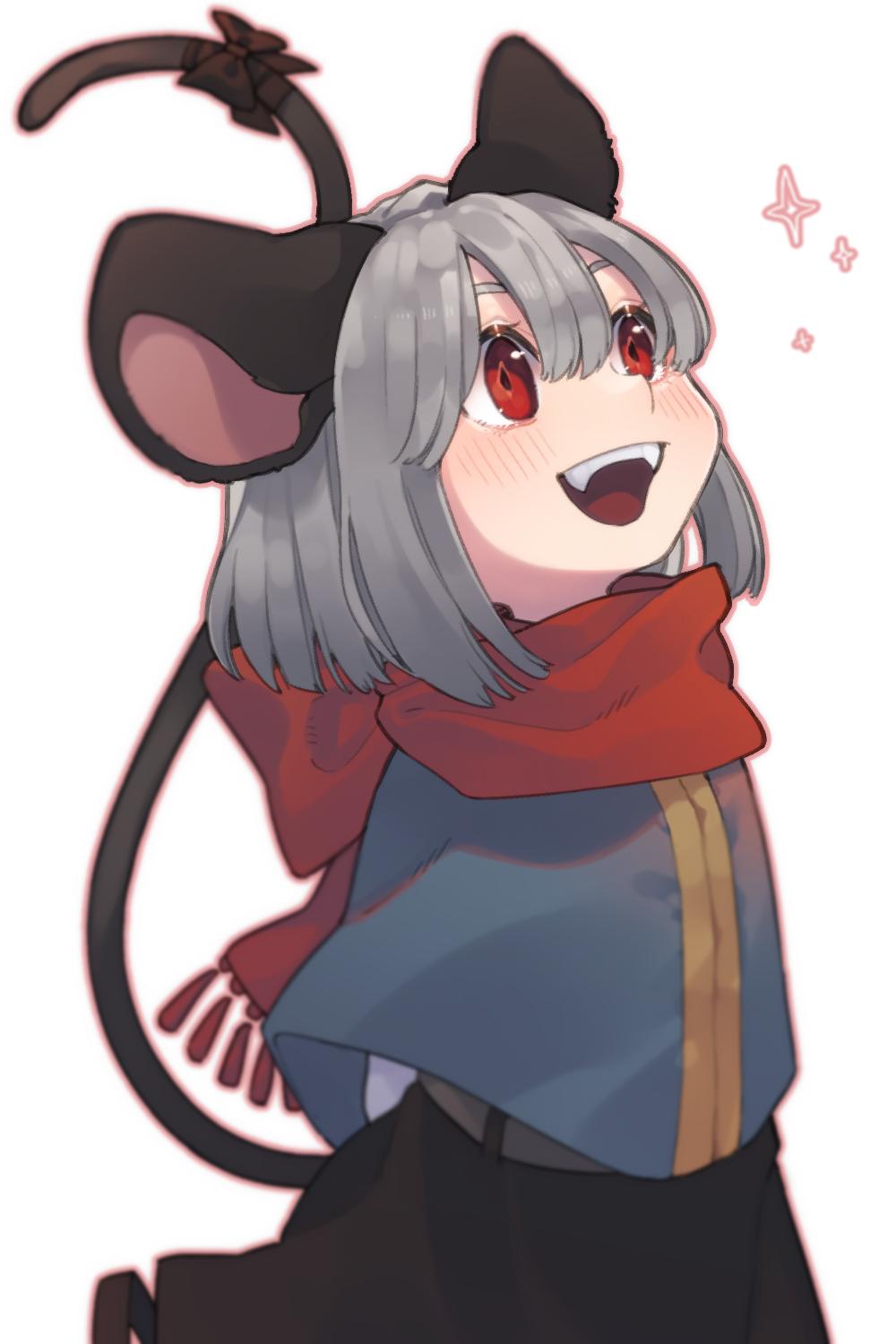 1girl animal_ears arm_behind_back bangs blush capelet grey_hair highres layered_clothing mouse_ears mouse_tail nazrin prat_rat red_eyes red_scarf ribbon scarf short_hair simple_background smile solo sparkle tail tail_ribbon touhou upper_body