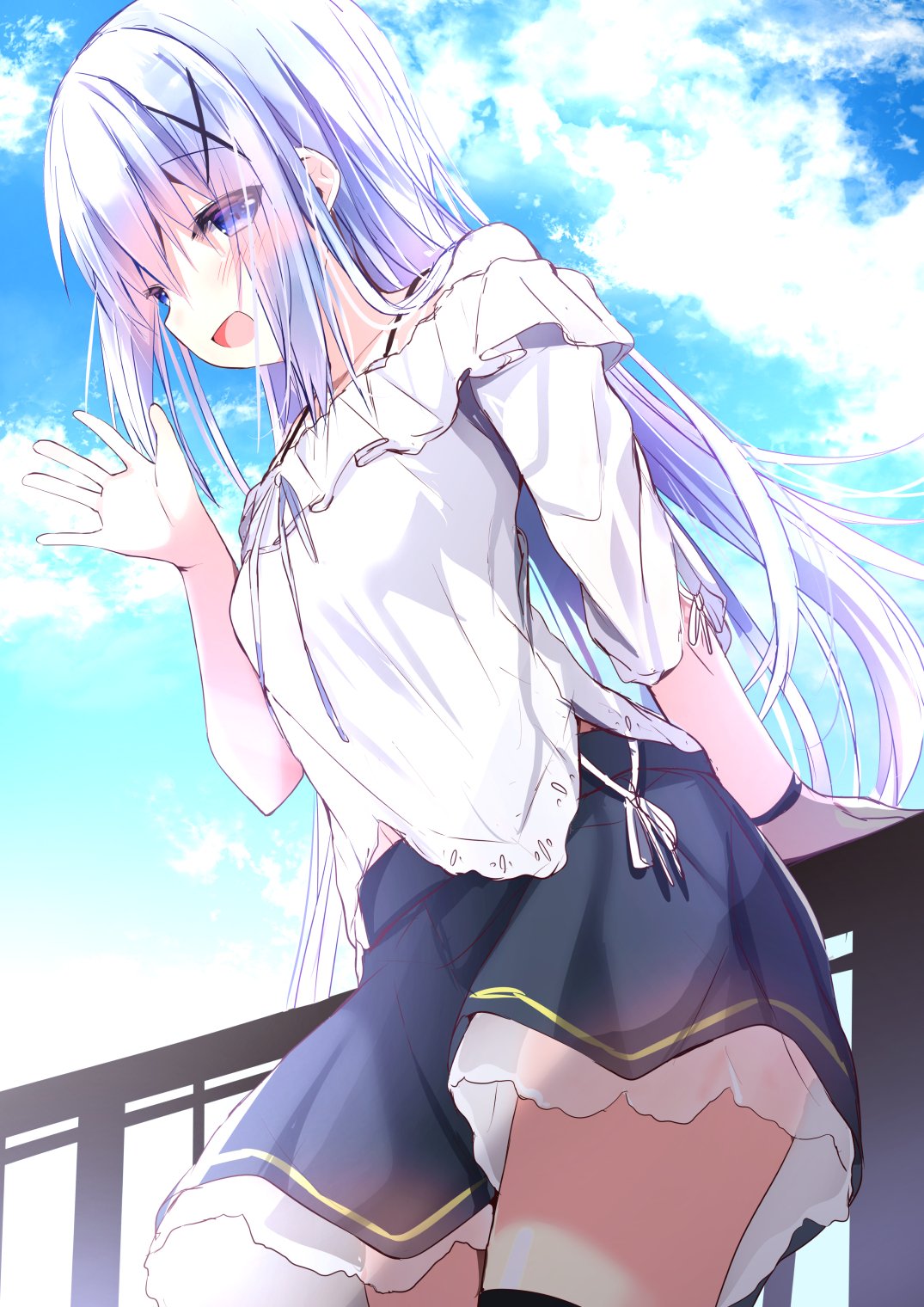 1girl :d arm_support bangs bare_shoulders black_legwear blue_eyes blue_hair blue_skirt blue_sky blush clouds commentary_request cowboy_shot day eyebrows_visible_through_hair gochuumon_wa_usagi_desu_ka? hair_between_eyes hand_up highres kafuu_chino kouda_suzu long_hair off-shoulder_shirt off_shoulder older open_mouth outdoors railing see-through shirt short_sleeves skirt sky smile solo thigh-highs very_long_hair white_shirt