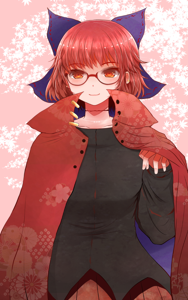 1girl arano_oki bangs bespectacled black_shirt blue_bow blush bow cape collarbone commentary_request eyebrows_visible_through_hair glasses hair_bow hand_up high_collar long_sleeves looking_at_viewer pink_background red-framed_eyewear red_cape red_eyes red_skirt redhead sekibanki shirt short_hair skirt slit_throat smile solo touhou upper_body