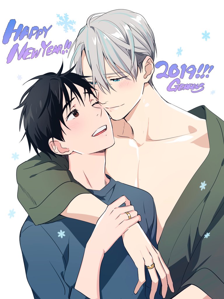 2019 2boys ;d arm_around_neck artist_name black_hair blue_eyes blue_shirt blush brown_eyes cheek-to-cheek chest close-up collarbone couple eyebrows_visible_through_hair eyes_visible_through_hair gearous grey_hair hand_on_another's_arm happy happy_new_year hug hug_from_behind husband_and_husband jewelry katsuki_yuuri long_sleeves looking_at_another looking_up male_focus multiple_boys new_year one_eye_closed open_mouth ring robe shiny shiny_hair shirt simple_background smile snowflake_background snowflakes teeth upper_body upper_teeth viktor_nikiforov wedding_ring white_background yaoi yuri!!!_on_ice