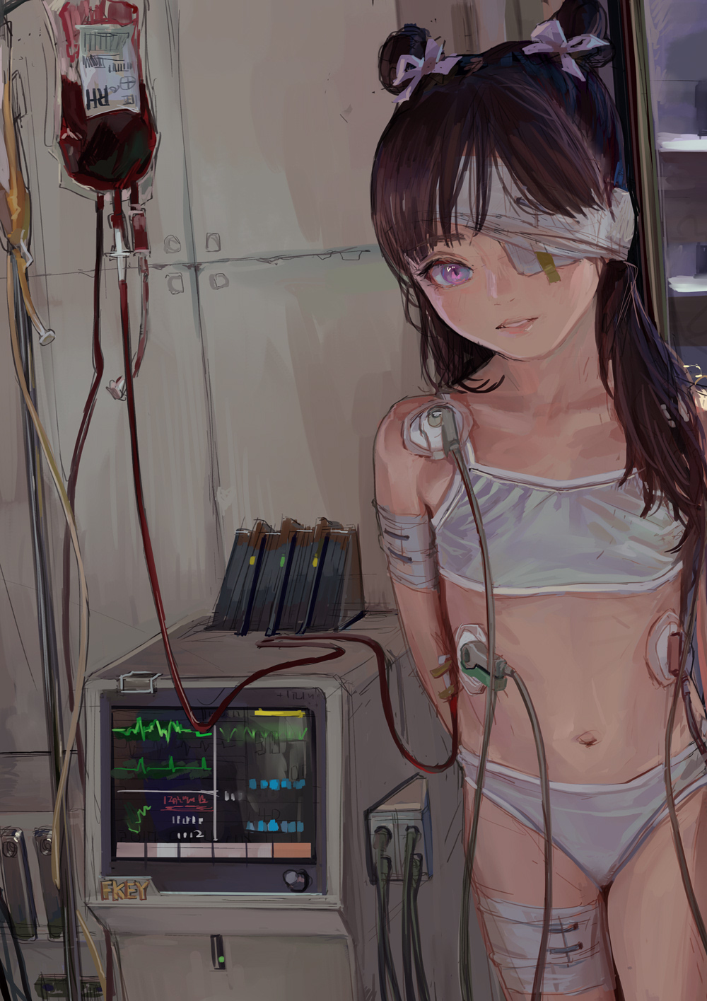 1girl bandaged_head bandages blood blood_bag bra brown_hair double_bun fkey grin highres looking_at_viewer navel original panties smile solo underwear underwear_only violet_eyes white_bra white_panties