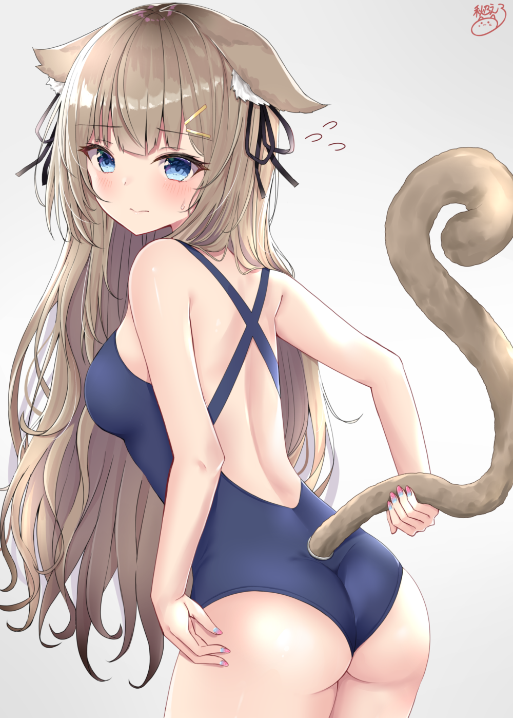 1girl animal_ear_fluff animal_ears ass back bare_arms bare_shoulders blue_eyes blue_swimsuit breasts brown_hair cat_ears cat_girl cat_tail commentary_request competition_swimsuit cowboy_shot floppy_ears flying_sweatdrops from_behind frown gradient gradient_background grey_background hair_ornament hair_ribbon hairclip highres holding_tail leaning_forward long_hair looking_at_viewer looking_back medium_breasts multicolored multicolored_nails nail_polish noeru_(gt17854) one-piece_swimsuit original ribbon signature solo standing sweatdrop swimsuit tail tail_raised very_long_hair