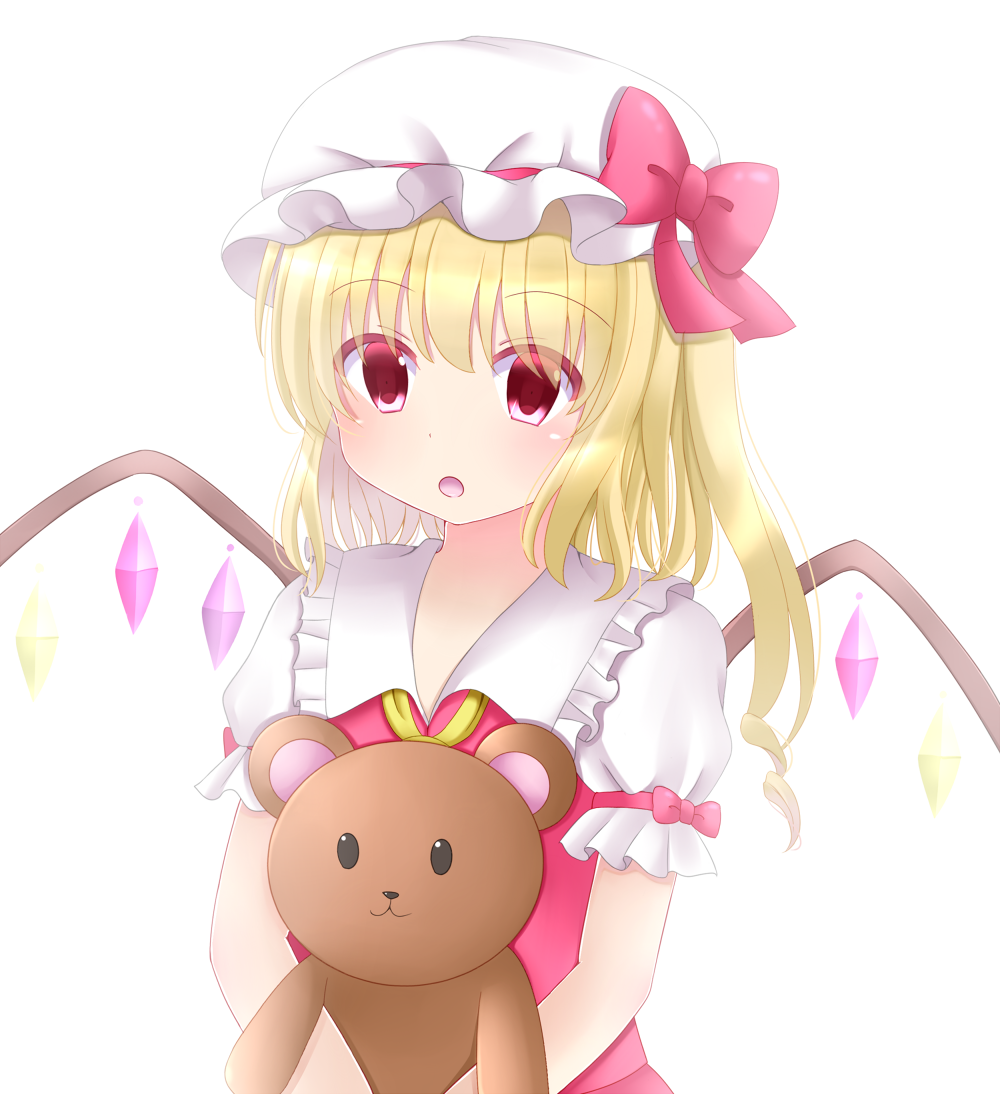 1girl :o blonde_hair commentary eyebrows_visible_through_hair eyes_visible_through_hair flandre_scarlet hat hat_ribbon holding holding_stuffed_animal light_blush looking_at_viewer mob_cap open_mouth puffy_short_sleeves puffy_sleeves red_eyes red_vest ribbon shirt short_hair short_sleeves side_ponytail simple_background solo standing stuffed_animal stuffed_toy teddy_bear touhou upper_body vest white_background white_headwear white_shirt wings yellow_neckwear yukina_kurosaki