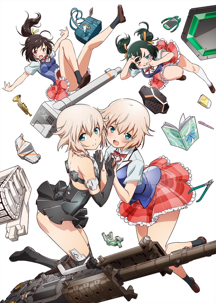 3girls ahoge aqua_eyes bag bare_legs black_gloves black_legwear brown_hair dual_persona elbow_gloves frame_arms_girl frilled_skirt frills gennai_ao gloves gourai green_hair high_ponytail kneehighs kotobuki_bukiko light_brown_hair long_hair looking_at_viewer mecha_musume microskirt miniskirt multiple_girls neck_ribbon official_art one_eye_closed panties plaid plaid_skirt red_eyes ribbon school_bag school_uniform short_hair short_sleeves skirt socks striped striped_panties thigh-highs twintails underwear vest white_background white_legwear