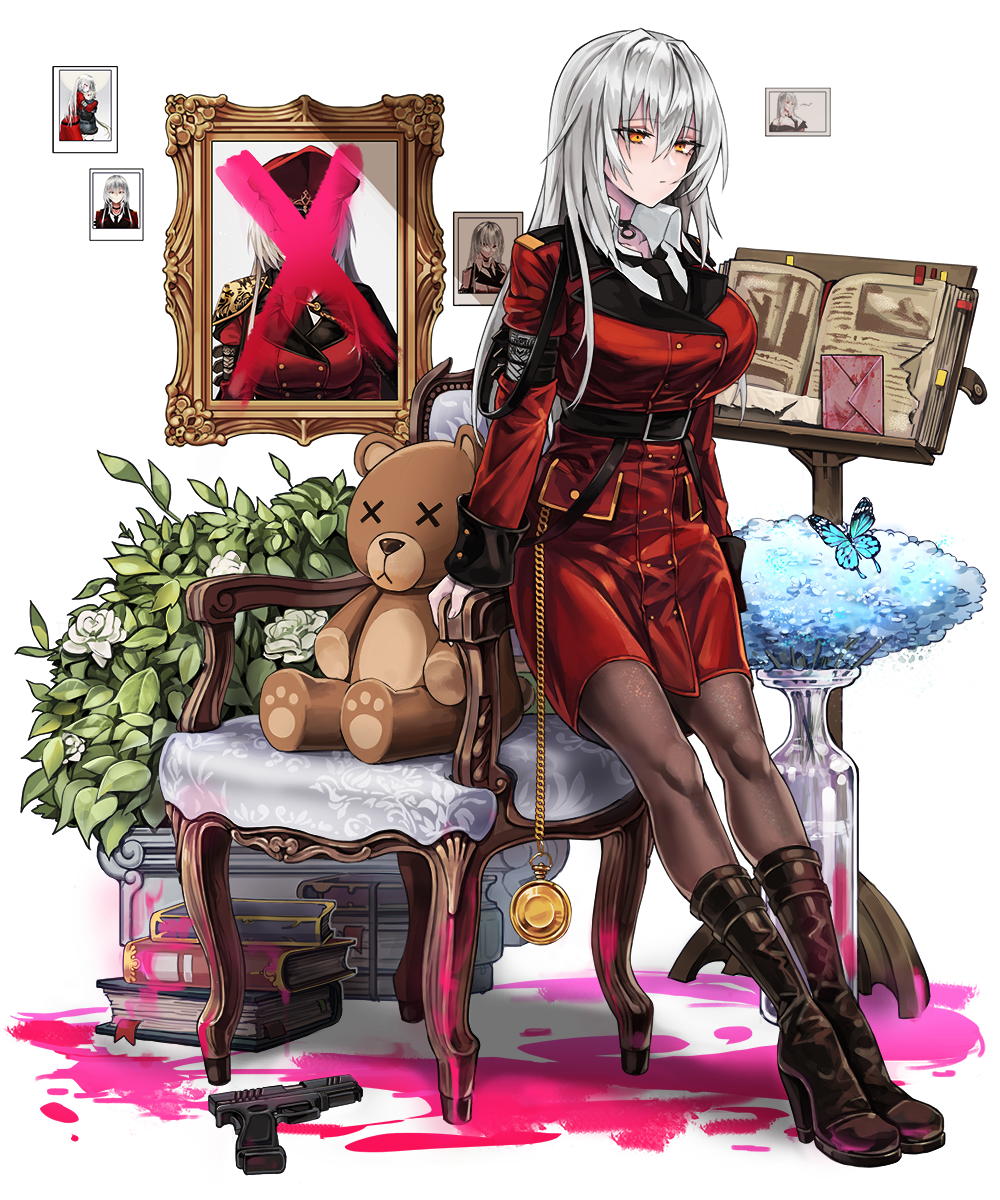 1girl belt book_stack bottomless breasts brown_legwear bug butterfly chair coat flower girls_frontline gun hair_between_eyes handgun high_heels highres insect leaning long_hair necktie nlitz pantyhose photo_(object) picture_frame pocket_watch simple_background sleeves_past_wrists solo stuffed_animal stuffed_toy teddy_bear translation_request uniform watch weapon yellow_eyes