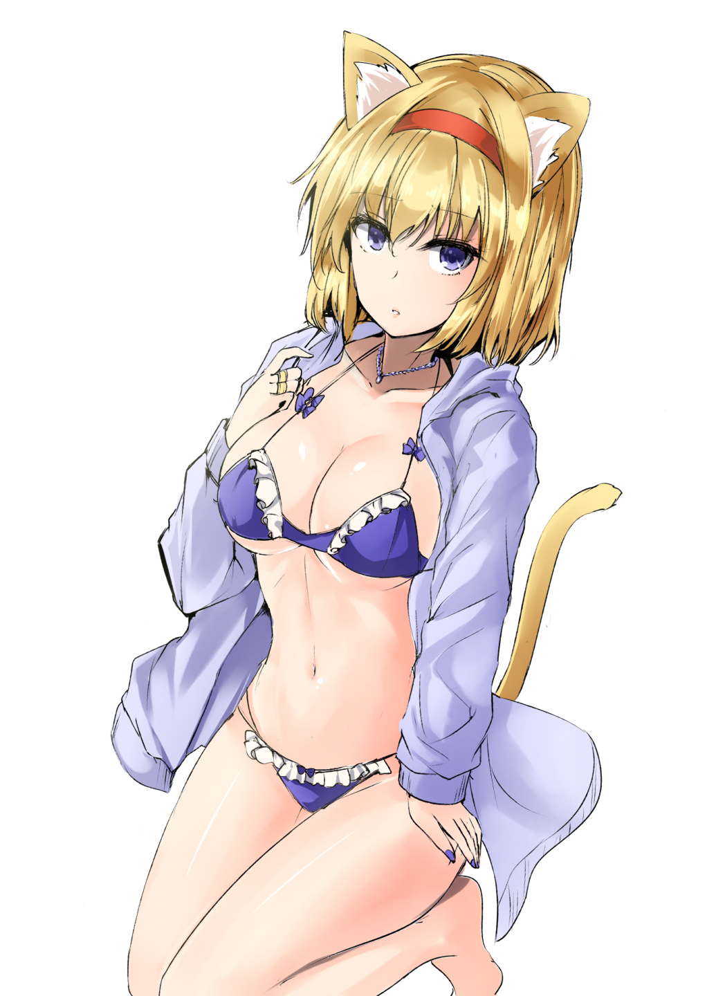 1girl alice_margatroid animal_ear_fluff animal_ears bangs barefoot bikini blonde_hair blue_bikini blue_bow blue_eyes blue_jacket blue_nails bow bow_bikini cat_ears cat_tail collarbone commentary_request eyebrows_visible_through_hair feet_out_of_frame frilled_bikini frills hair_between_eyes halterneck hand_up highres hood hooded_jacket jacket jewelry kemonomimi_mode long_sleeves looking_at_viewer nail_polish navel necklace open_clothes open_jacket parted_lips puppet_rings ring seiza shiny shiny_skin short_hair simple_background sitting solo stomach swimsuit tail thighs touhou white_background y2