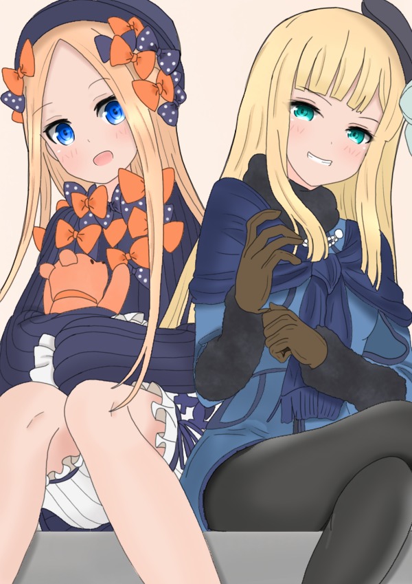 2girls :d abigail_williams_(fate/grand_order) atsumisu bangs beret black_bow black_dress black_headwear black_legwear blonde_hair bloomers blue_dress blue_eyes blunt_bangs blush bow brown_background brown_gloves bug butterfly commentary_request crossed_legs dress eyebrows_visible_through_hair fate/grand_order fate_(series) fur-trimmed_sleeves fur_trim gloves green_eyes grin hair_bow half-closed_eyes hat insect long_hair long_sleeves looking_at_viewer lord_el-melloi_ii_case_files multiple_girls object_hug open_mouth orange_bow pantyhose parted_bangs polka_dot polka_dot_bow reines_el-melloi_archisorte sitting sleeves_past_fingers sleeves_past_wrists smile stuffed_animal stuffed_toy teddy_bear tilted_headwear underwear v-shaped_eyebrows very_long_hair white_bloomers