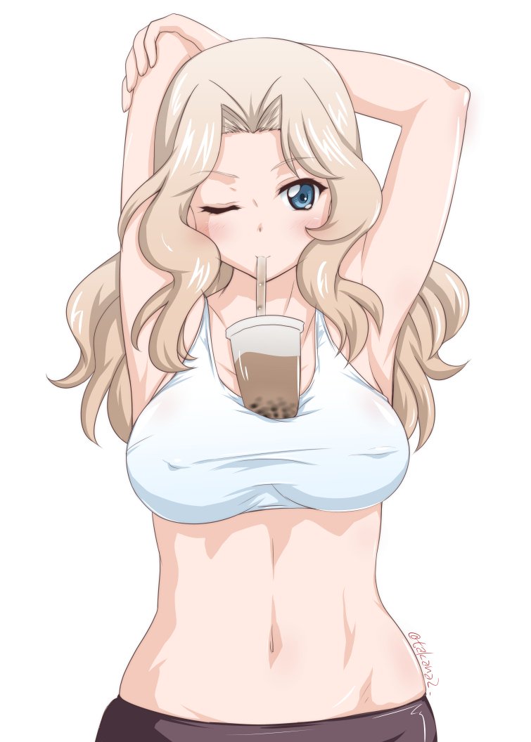1girl armpits arms_behind_head arms_up bike_shorts black_shorts blonde_hair blue_eyes blush breasts commentary_request covered_nipples eyebrows_visible_through_hair girls_und_panzer hair_intakes kay_(girls_und_panzer) large_breasts long_hair looking_at_viewer one_eye_closed shorts simple_background skindentation solo standing stretch twitter_username upper_body white_background white_sports_bra yts_takana