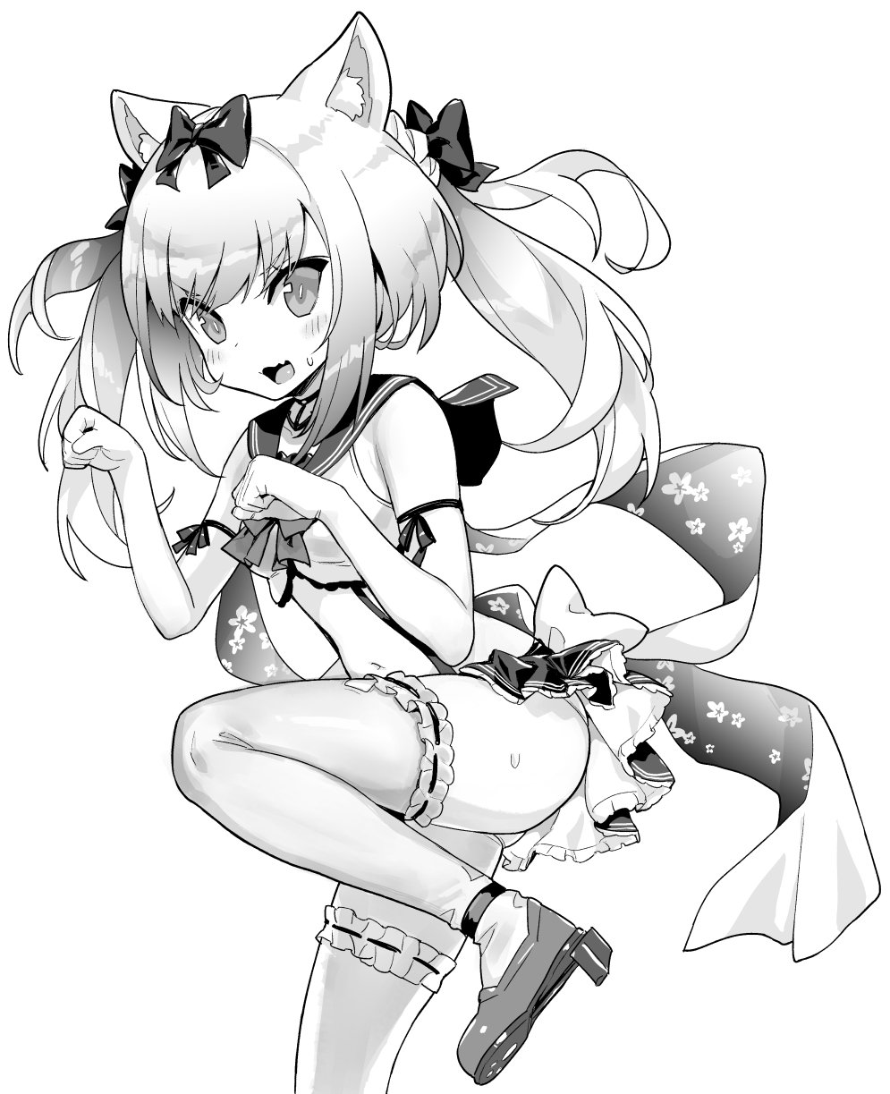 1girl arm_ribbon ass azur_lane bangs blush bow fang frilled_skirt frills from_side greyscale hair_bow highres hori_(hori_no_su) medium_hair midriff miniskirt monochrome navel open_mouth paw_pose ribbon rudder_footwear sailor_collar sidelocks simple_background skin_fang skirt solo standing standing_on_one_leg surprised suspender_skirt suspenders sweatdrop thigh-highs thighs twintails white_background yukikaze_(azur_lane)