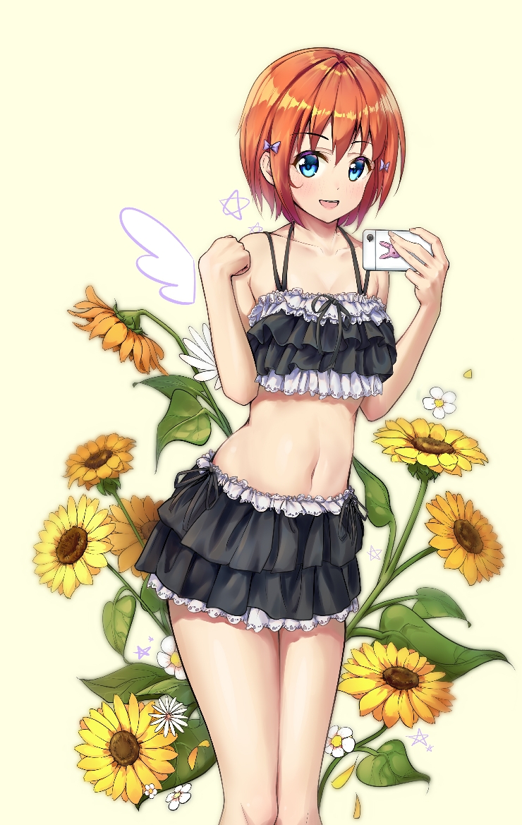 1girl bare_shoulders bikini black_bikini bow brown_hair cellphone collarbone commentary_request eyebrows_visible_through_hair flower hair_between_eyes hair_bow holding holding_cellphone holding_phone looking_at_viewer navel original phone renroujiang short_hair smile solo standing sunflower swimsuit wings
