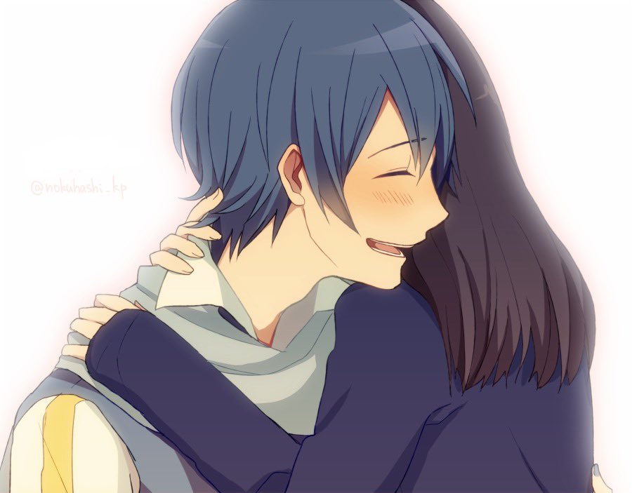 1boy 1girl black_hair bloom blue_hair blue_shirt blush closed_eyes coat from_side hand_on_another's_neck hand_on_shoulder hug kaito leaning_forward long_hair master_(vocaloid) nokuhashi scarf shirt short_hair simple_background smile straight_hair twitter_username vocaloid white_background