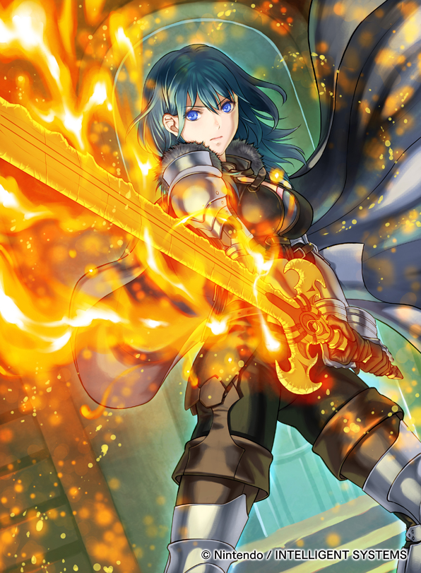 1girl armored_boots black_pants blue_eyes blue_hair boots breasts brown_footwear brown_gloves byleth_(fire_emblem) byleth_eisner_(female) closed_mouth dutch_angle fire_emblem fire_emblem:_three_houses fire_emblem_cipher floating_hair gloves holding holding_sword holding_weapon indoors kita_senri long_hair looking_at_viewer medium_breasts official_art pants solo standing sword thigh-highs thigh_boots weapon