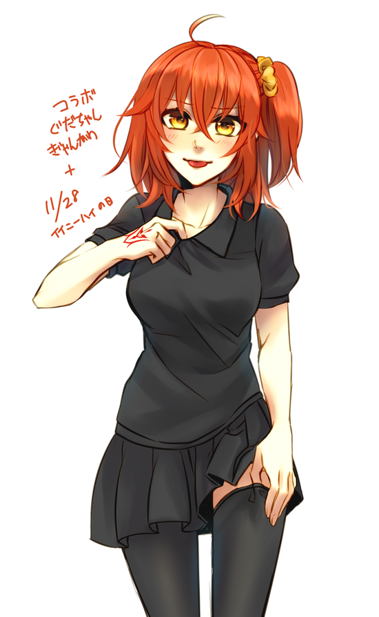 1girl ahoge black_legwear black_shirt black_skirt collarbone collared_shirt eyebrows_visible_through_hair fate/grand_order fate_(series) fujimaru_ritsuka_(female) hair_between_eyes hair_ornament hair_scrunchie long_hair looking_at_viewer miniskirt orange_hair pleated_skirt redrabbit44 scrunchie shirt short_sleeves side_ponytail simple_background skirt smile solo standing thigh-highs tongue tongue_out white_background wing_collar yellow_eyes yellow_scrunchie