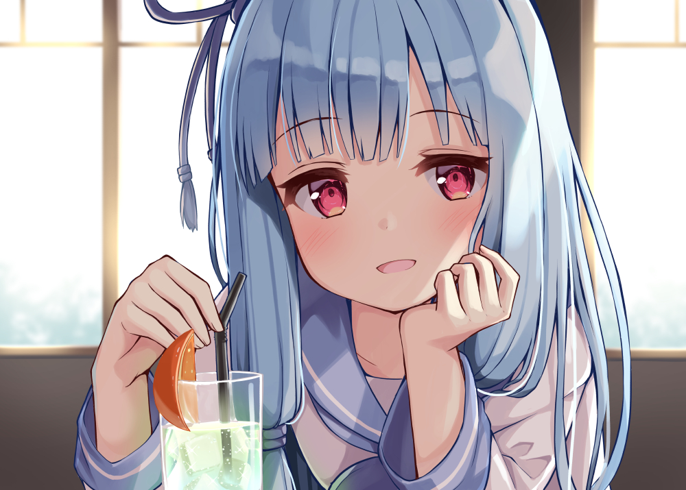 1girl :d arm_support backlighting bangs bendy_straw blue_hair blue_ribbon blue_sailor_collar blurry blurry_background blush commentary_request cup depth_of_field drink drinking_glass drinking_straw eyebrows_visible_through_hair hair_ribbon head_in_hand ice ice_cube indoors kotonoha_aoi long_hair long_sleeves looking_at_viewer ominaeshi_(takenoko) open_mouth red_eyes ribbon sailor_collar school_uniform serafuku shirt smile solo upper_body voiceroid white_shirt window