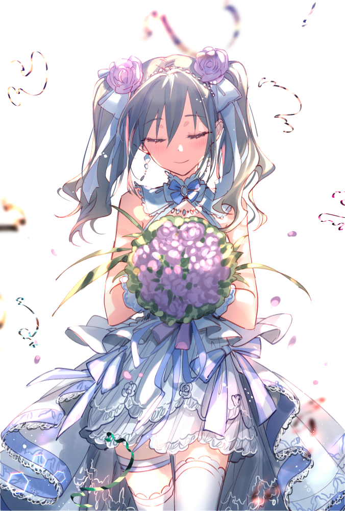 1girl blush bouquet bow closed_eyes closed_mouth cowboy_shot detached_collar dress earrings flower gloves hair_bow hair_flower hair_ornament holding holding_bouquet idolmaster idolmaster_cinderella_girls jewelry kanzaki_ranko keylime layered_dress long_hair pink_flower pink_rose rose silver_hair simple_background sleeveless sleeveless_dress smile solo standing thigh-highs twintails wedding_dress white_background white_bow white_dress white_gloves white_legwear zettai_ryouiki