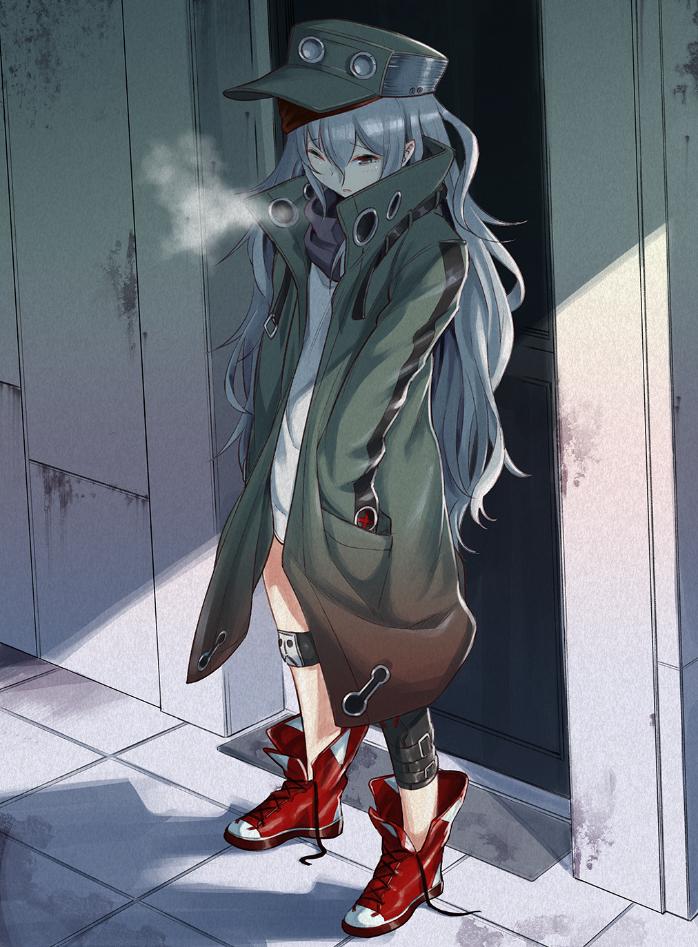 1girl black_scarf breath commentary_request g11_(girls_frontline) girls_frontline green_headwear green_jacket hair_between_eyes hands_in_pockets highres jacket knee_pads long_hair long_sleeves one_eye_closed outdoors red_footwear red_scarf scarf scarf_on_head shirt shoes silver_hair soguma solo untied_shoes white_shirt