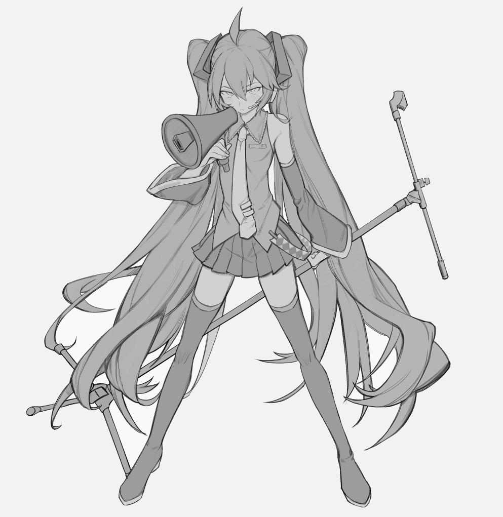 1girl arm_at_side bangs bare_shoulders blush breast_pocket breasts closed_mouth detached_sleeves expressionless fingernails freng full_body grey_background greyscale hair_between_eyes half-closed_eyes hatsune_miku headset holding holding_megaphone holding_microphone_stand legs_apart long_hair looking_at_viewer megaphone microphone_stand monochrome necktie parted_bangs pleated_skirt pocket shirt simple_background skirt sleeveless sleeveless_shirt small_breasts solo standing thigh-highs twintails very_long_hair vocaloid zettai_ryouiki