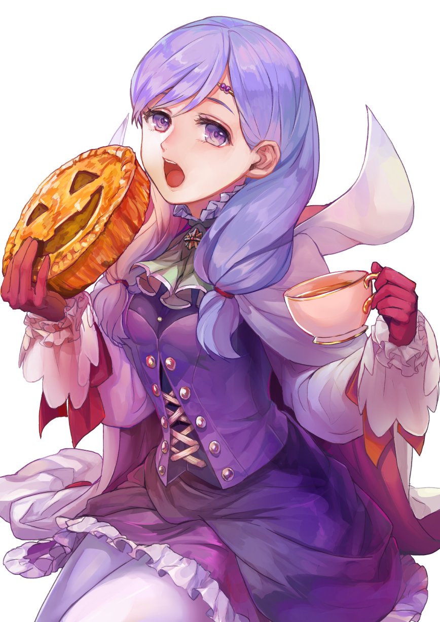 bangs breasts buttons cake cape circlet cup dress eating fire_emblem fire_emblem:_path_of_radiance fire_emblem_heroes food gloves halloween_costume highres ilyana_(fire_emblem) kokouno_oyazi long_hair long_sleeves looking_at_viewer open_mouth pantyhose pumpkin purple_hair red_gloves simple_background tea teacup teeth tied_hair violet_eyes white_background white_legwear