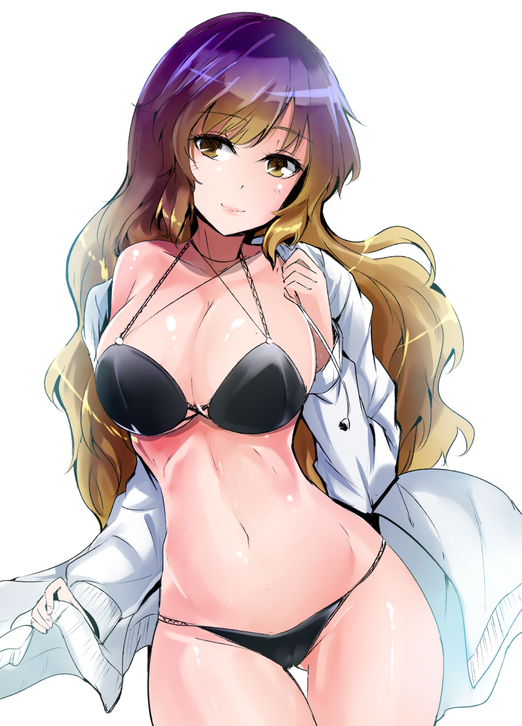1girl ass_visible_through_thighs bangs bare_shoulders bikini black_bikini breasts brown_eyes brown_hair collarbone commentary_request cowboy_shot criss-cross_halter cross-laced_clothes drawstring eyebrows_visible_through_hair gradient_hair groin halterneck hand_up head_tilt highres hijiri_byakuren jacket large_breasts lips long_hair long_sleeves looking_at_viewer multicolored_hair navel off_shoulder open_clothes open_jacket purple_hair shiny shiny_skin simple_background smile solo standing stomach swimsuit thighs touhou very_long_hair white_background white_jacket y2