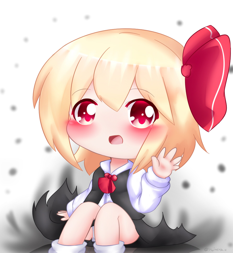 1girl arm_up ascot black_skirt black_vest blonde_hair blush chibi commentary darkness eyebrows_visible_through_hair feet_out_of_frame hair_between_eyes hair_ribbon knees_up long_sleeves looking_at_viewer open_hand open_mouth panties pantyshot pantyshot_(sitting) polka_dot polka_dot_background red_eyes red_neckwear ribbon rumia shirt short_hair sitting skirt socks solo touhou twitter_username underwear vest white_background white_legwear white_shirt yairenko