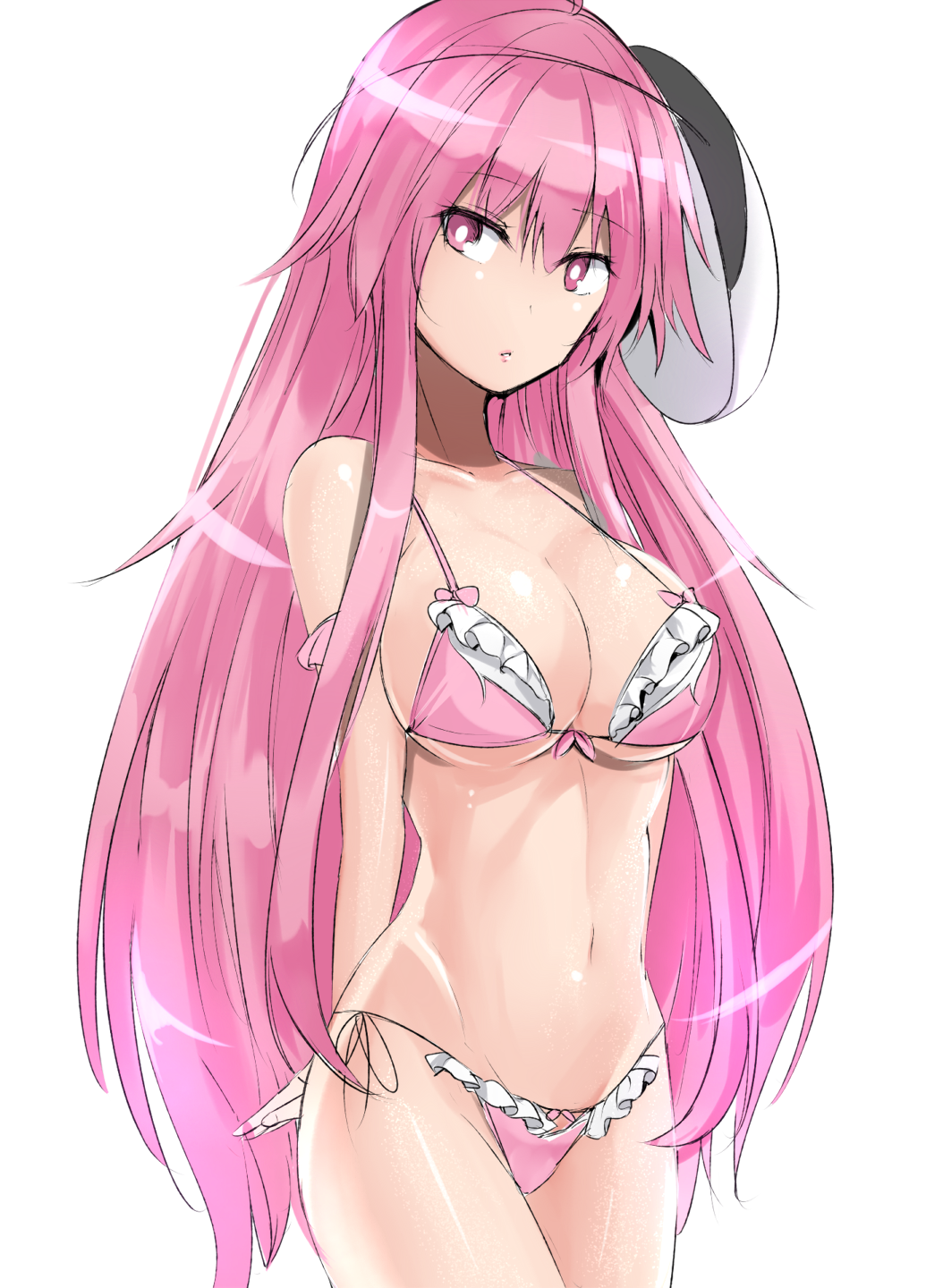 1girl arms_behind_back bangs bare_arms bare_shoulders bikini breasts collarbone commentary_request cowboy_shot eyebrows_visible_through_hair frilled_bikini frills hair_between_eyes hata_no_kokoro highres large_breasts long_hair looking_at_viewer mask mask_on_head navel pink_bikini pink_eyes pink_hair sidelocks simple_background solo standing stomach swimsuit thighs touhou very_long_hair white_background y2