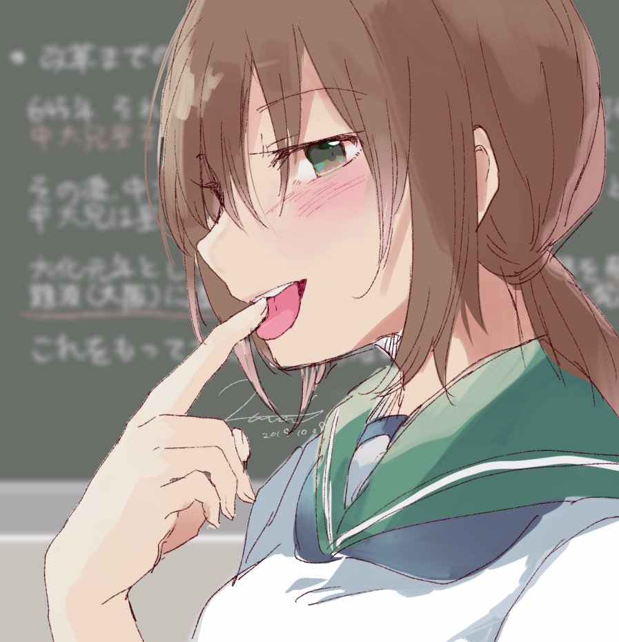 1girl 2019 alternate_hair_color bangs blurry blush breasts brown_hair chalk chalkboard commentary dated depth_of_field eyebrows_visible_through_hair finger_in_mouth finger_licking fingernails fubuki_(kantai_collection) green_eyes green_sailor_collar hair_between_eyes hair_tie half-closed_eyes hiroi09 kantai_collection licking long_hair looking_at_viewer low_ponytail no_neckwear out_of_frame sailor_collar school_uniform serafuku short_ponytail signature smile solo teeth tongue tongue_out translated upper_body