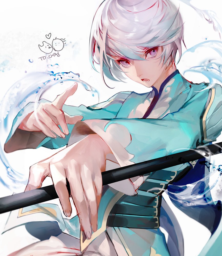 1boy character_request holding lower_teeth male_focus mikleo_(tales) open_mouth shycocoa solo stance tagme tales_of_(series) tales_of_vesperia upper_body violet_eyes water
