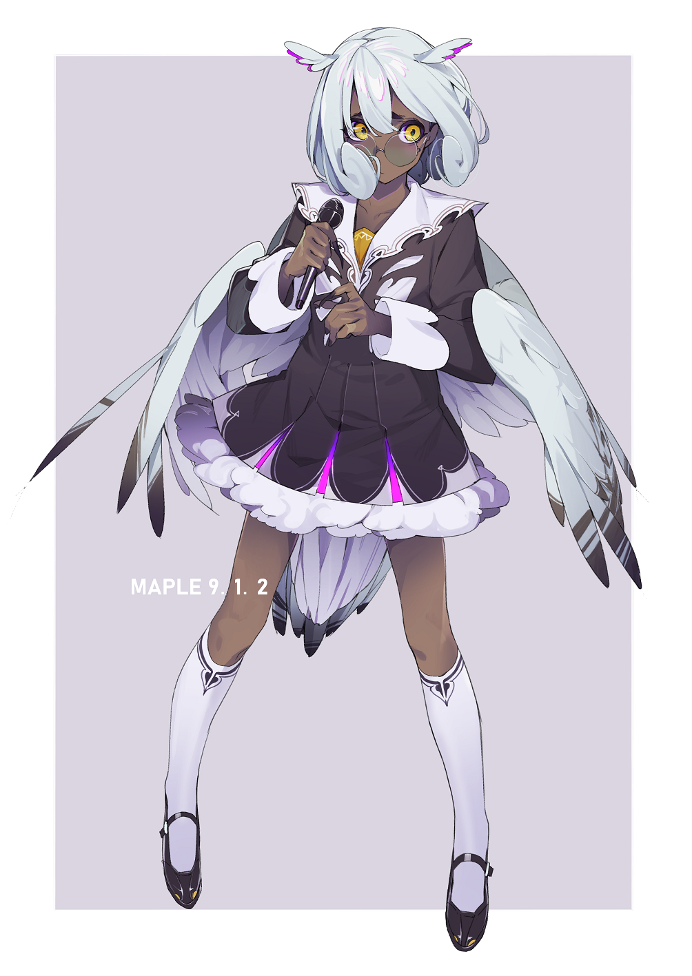 1girl black_nails blue_hair dark_skin dress full_body glasses head_wings highres kamameshi_gougoumaru kneehighs mary_janes microphone original shoes solo white_legwear wings yellow_eyes