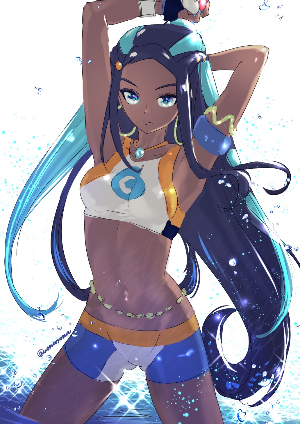 1girl arms_up belly_chain bikini_shorts black_hair blue_eyes blue_gloves blue_hair breasts closed_mouth cowboy_shot dark_skin fingerless_gloves floating_hair gloves hair_ornament hairclip highres holding holding_poke_ball jewelry long_hair looking_at_viewer medium_breasts multicolored_hair navel poke_ball pokemon pokemon_(game) pokemon_swsh rurina_(pokemon) shorts simple_background sketch solo sports_bikini standing twitter_username two-tone_hair uenoryoma very_long_hair wading white_background wristband