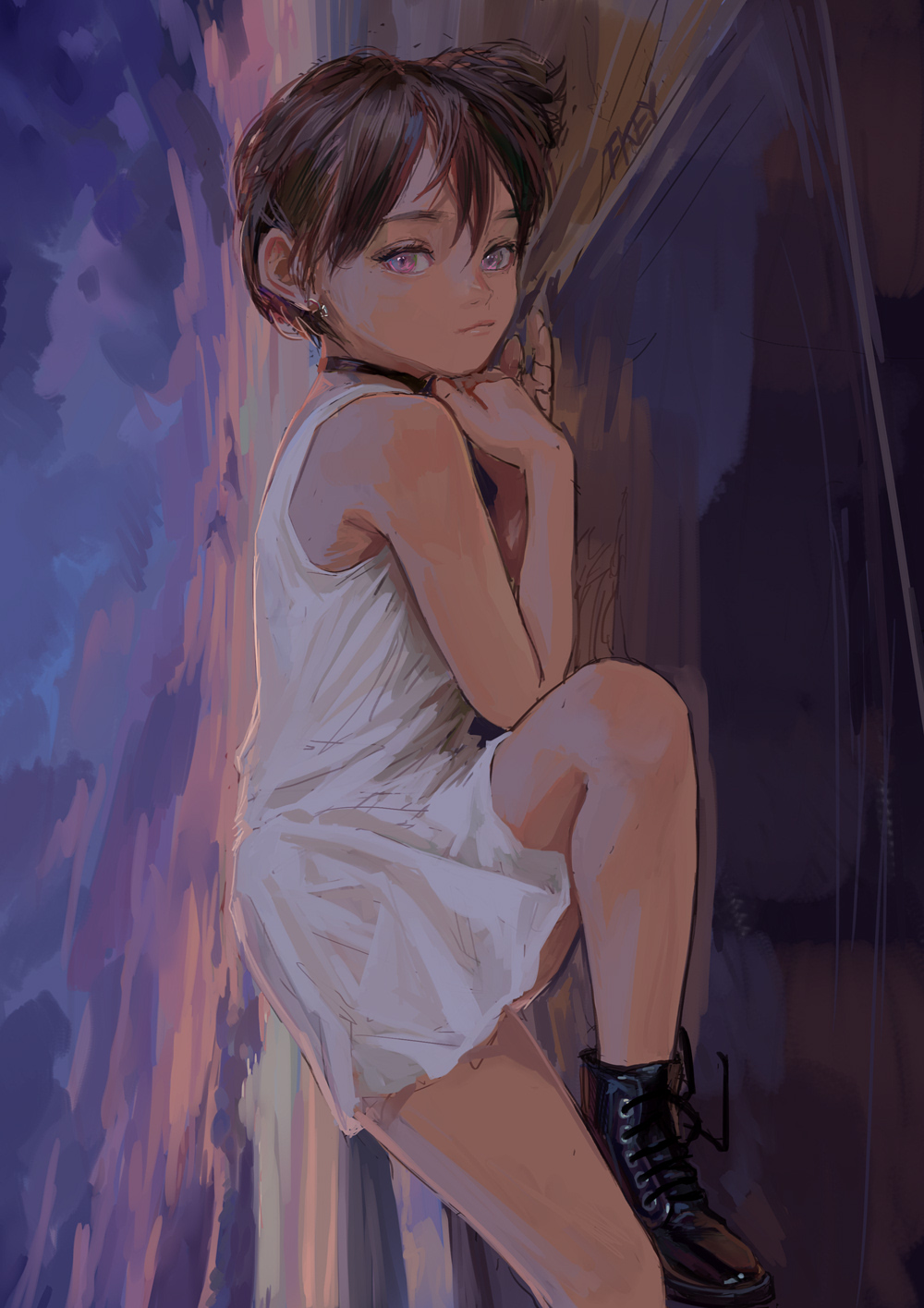 1girl ankle_boots artist_name black_footwear black_hair boots choker clouds dress earrings fkey highres jewelry looking_at_viewer lying original shoelaces short_hair sideways signature sky solo sundress twilight very_short_hair violet_eyes white_dress