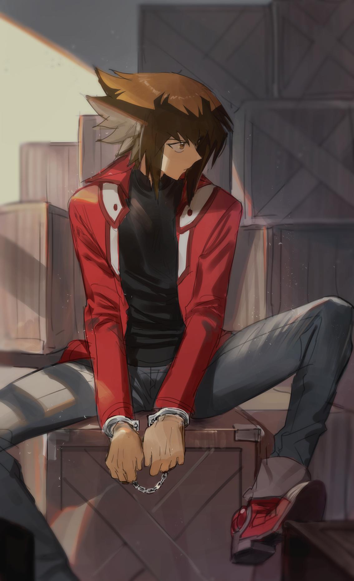 1boy black_shirt brown_eyes brown_hair cuffs grey_pants handcuffs highres jacket long_sleeves looking_to_the_side male_focus medium_hair multicolored_hair open_clothes open_jacket pants red_jacket shirt sitting solo soo_joop two-tone_hair yuu-gi-ou yuu-gi-ou_gx yuuki_juudai