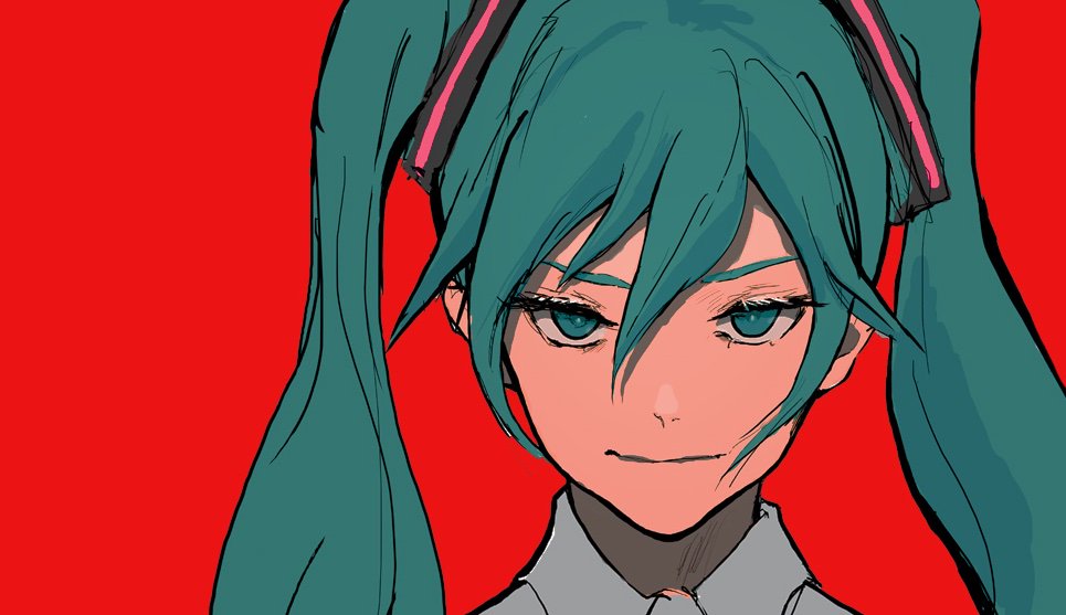 1girl :| bangs blue_eyes blue_hair close-up closed_mouth collared_shirt expressionless eyelashes face grey_shirt hair_between_eyes half-closed_eyes hatsune_miku inoitoh long_hair looking_afar parted_bangs red_background shaded_face shirt simple_background solo twintails upper_body vocaloid