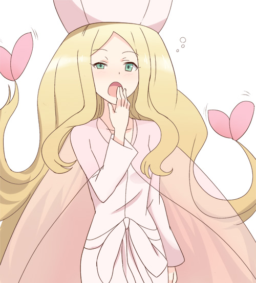 1girl blonde_hair blush breasts cattleya_(pokemon) collarbone dress elite_four floating_hair green_eyes half-closed_eyes hand_up hat hyakuen_raitaa long_hair long_sleeves looking_at_viewer nose_blush open_mouth pink_headwear pokemon pokemon_(game) pokemon_bw see-through shiny shiny_hair simple_background small_breasts solo standing uneven_eyes very_long_hair white_background white_dress yawning