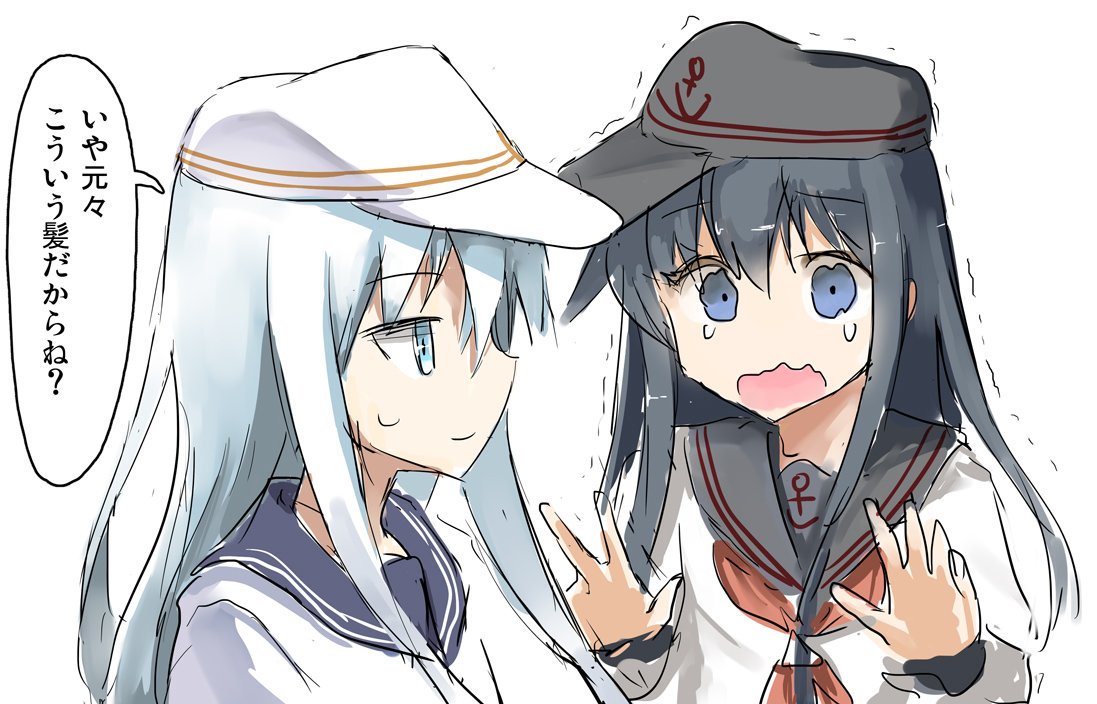 2girls akatsuki_(kantai_collection) anchor_print bangs black_sailor_collar blue_eyes blue_hair blue_sailor_collar closed_mouth commentary_request crying crying_with_eyes_open ebizome eyebrows_visible_through_hair flat_cap hair_between_eyes hair_over_shoulder hat hibiki_(kantai_collection) kantai_collection long_hair long_sleeves motion_lines multiple_girls neckerchief reaching_out red_neckwear sailor_collar school_uniform serafuku simple_background smile speech_bubble sweat tears translated trembling upper_body wavy_mouth white_background white_hair