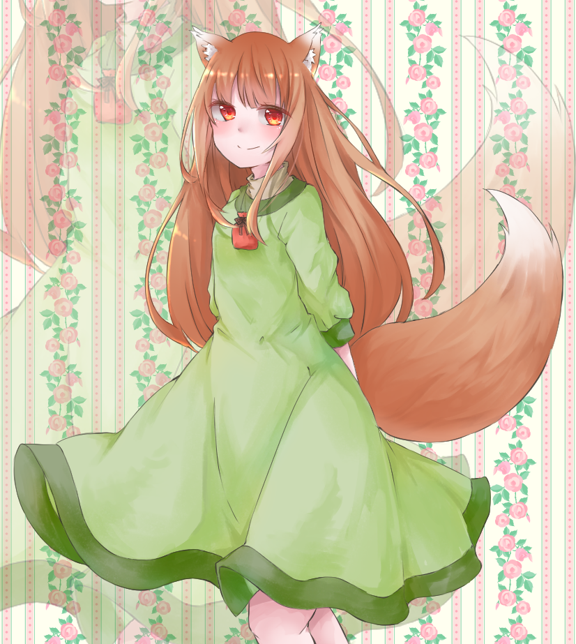 1girl animal_ears arms_behind_back bangs blush brown_hair dress floral_background green_dress holo kazami-s pouch red_eyes smile spice_and_wolf tail wolf_ears wolf_tail zoom_layer