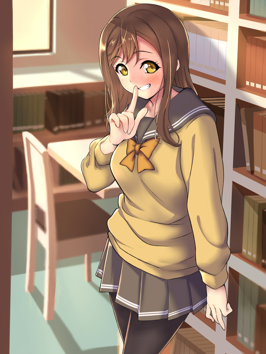 1girl bangs black_legwear book bookshelf bow bowtie brown_hair cardigan chair cowboy_shot eyebrows_visible_through_hair finger_to_mouth grey_skirt grin highres indoors kunikida_hanamaru library long_hair long_sleeves looking_at_viewer love_live! love_live!_sunshine!! pantyhose pleated_skirt school_uniform serafuku shingyo skirt smile solo standing table teeth uranohoshi_school_uniform yellow_cardigan yellow_eyes yellow_neckwear