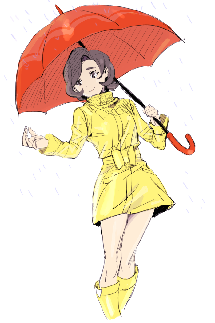 1girl boots bow brown_eyes brown_hair day drawfag holding holding_umbrella jacket outdoors parasol_lady_(pokemon) pokemon rain red_umbrella rubber_boots short_hair simple_background sketch skirt solo standing umbrella yellow_bow yellow_footwear yellow_jacket yellow_skirt