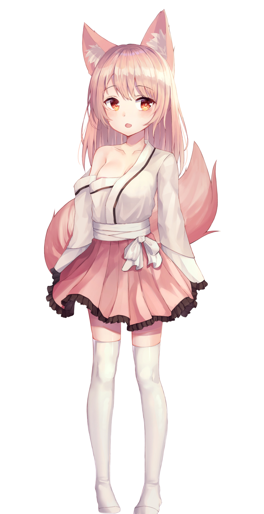 1girl animal_ear_fluff animal_ears bangs blush bow brown_hair cat_ears collarbone commentary eyebrows_visible_through_hair fox_ears fox_girl fox_tail frilled_skirt frilled_sleeves frills highres japanese_clothes kimono long_hair long_sleeves looking_at_viewer no_shoes off_shoulder open_mouth pigeon-toed pink_skirt pleated_skirt red_eyes shiro_(acad1213) simple_background skirt solo standing tail talesshop thigh-highs white_background white_bow white_kimono white_legwear