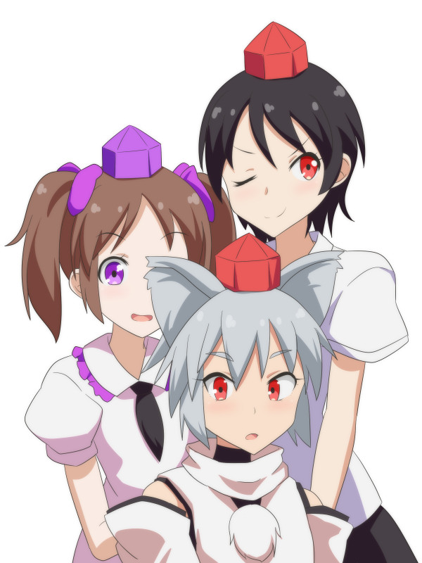 3girls :d ;) animal_ears bangs bare_shoulders black_hair black_neckwear black_skirt blush bow brown_hair cato_(monocatienus) commentary_request detached_sleeves eyebrows_visible_through_hair frilled_shirt_collar frills hair_between_eyes hair_bow hat himekaidou_hatate inubashiri_momiji looking_at_viewer multiple_girls necktie one_eye_closed open_mouth pom_pom_(clothes) puffy_short_sleeves puffy_sleeves purple_bow red_eyes shameimaru_aya shirt short_hair short_sleeves sidelocks silver_hair simple_background skirt smile tokin_hat touhou twintails upper_body v-shaped_eyebrows violet_eyes white_background white_shirt wolf_ears