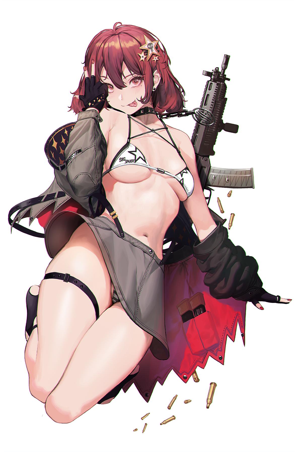 1girl bikini choker earrings gloves gun hair_ornament hairpin highres ihobus jacket jewelry magazine_(weapon) miniskirt nail_polish panties red_eyes redhead shell_casing short_hair sig_sauer_mpx skirt solo striped striped_panties swimsuit thigh_strap tongue tongue_out underwear upskirt weapon