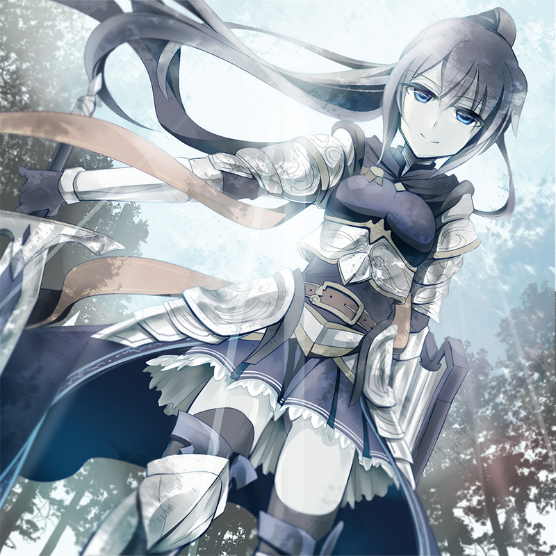 1girl armor belt blue_eyes brown_hair day greaves holding holding_sword holding_weapon lieselotte_(sennen_sensou_aigis) looking_at_viewer masunari outdoors pleated_skirt ponytail sennen_sensou_aigis shield skirt smile solo sunlight sword thigh-highs tree weapon