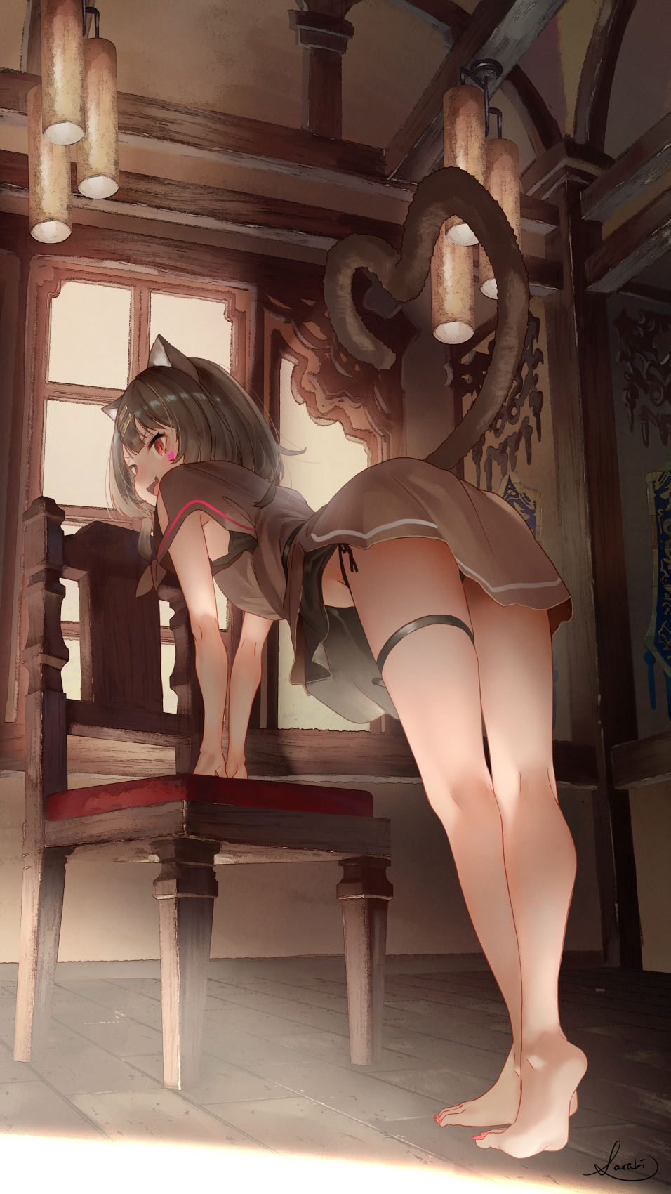1girl :d animal_ears ass barefoot black_hair black_panties blush brown_dress cat_ears cat_girl cat_tail chair commentary_request dress facial_mark heart heart_tail highres indoors leaning_forward open_mouth original panties red_eyes red_nails saraki short_sleeves side-tie_panties smile soles solo standing tail thigh_strap toenail_polish toenails underwear wide_sleeves window