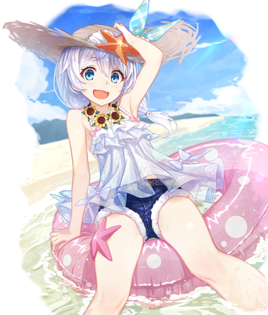 1girl beach blue_eyes blush bow commentary_request day denim denim_shorts flower flower_necklace green_ribbon hand_on_headwear hat hat_ribbon honkai_(series) honkai_impact_3rd innertube jewelry long_hair m-ya necklace open_mouth outdoors pink_bow polka_dot ponytail ribbon see-through shorts silver_hair sitting smile solo starfish straw_hat sunflower theresa_apocalypse waves