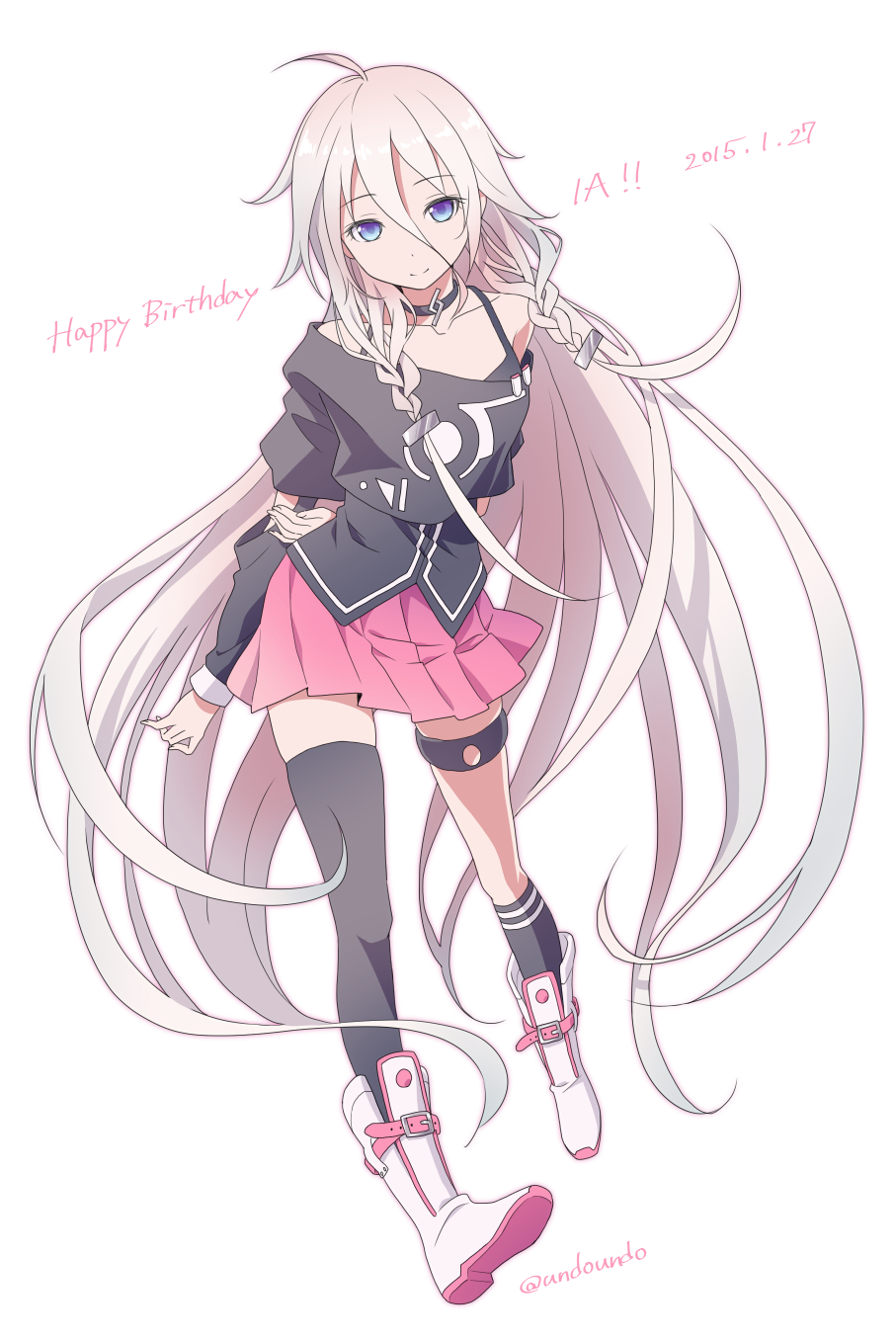 1girl 2015 ahoge arms_behind_back asami_(undoundo) asymmetrical_legwear black_legwear black_shirt blue_eyes boots character_name choker closed_mouth collarbone dated eyebrows_visible_through_hair floating_hair full_body hair_between_eyes happy_birthday highres ia_(vocaloid) kneehighs leaning_forward long_hair long_sleeves miniskirt pink_skirt pleated_skirt shiny shiny_hair shirt silver_hair simple_background single_kneehigh single_thighhigh skirt smile solo standing thigh-highs thigh_strap twitter_username very_long_hair vocaloid white_background white_footwear