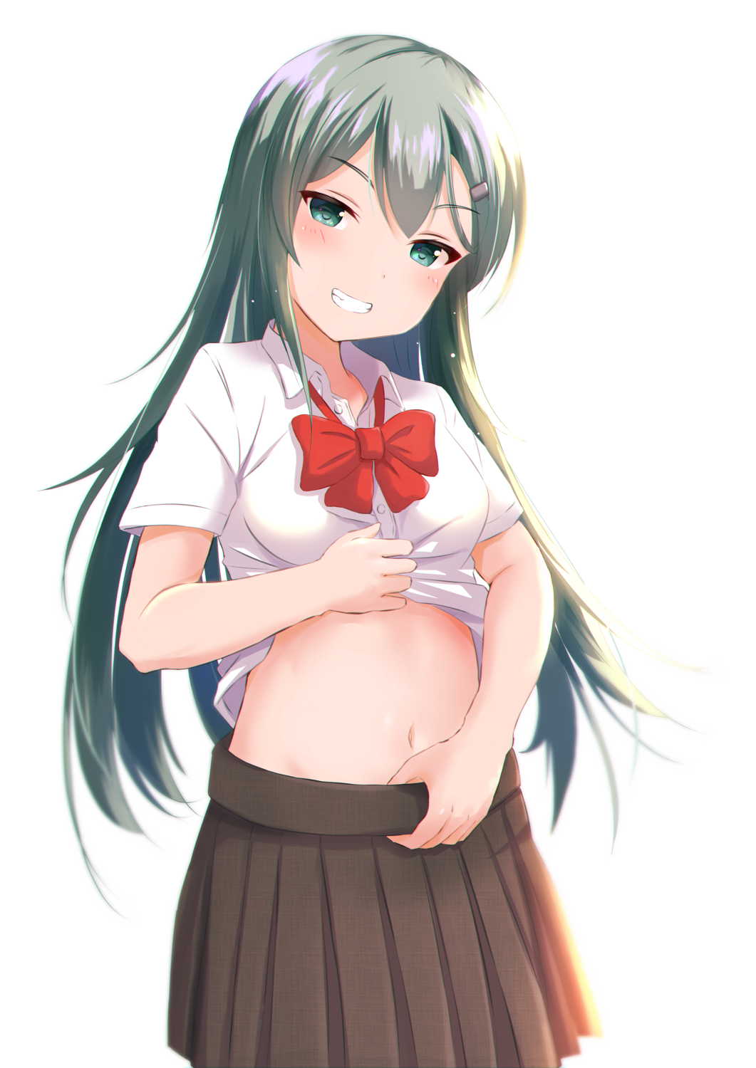 1girl blouse blush brown_skirt buttons commentary_request green_eyes green_hair grin hair_between_eyes hair_ornament hairclip highres kantai_collection kuroame_(kurinohana) long_hair navel neck_ribbon pleated_skirt red_ribbon ribbon short_sleeves simple_background skirt smile solo suzuya_(kantai_collection) white_background white_blouse