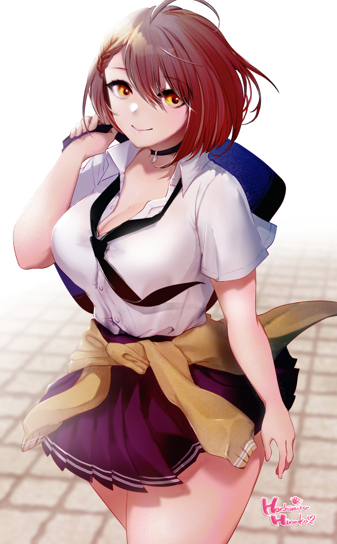 1girl ahoge azur_lane bag baltimore_(after-school_ace)_(azur_lane) baltimore_(azur_lane) beige_cardigan beige_sweater black_choker black_neckwear black_skirt braid breasts brown_hair cardigan cardigan_around_waist choker clothes_around_waist collared_shirt french_braid hachimitsu_hinako hair_between_eyes large_breasts loose_necktie necktie official_alternate_costume partially_unbuttoned school_bag shirt shirt_tucked_in short_sleeves skirt smile sweater sweater_around_waist thick_thighs thighs tied_sweater tile_floor tiles white_shirt yellow_eyes